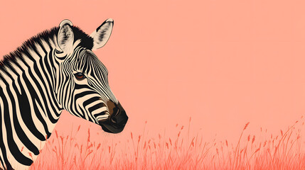 Obraz premium Zebra standing in tall grass under a pink sky during sunset in an open landscape