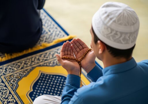 Man in prayer with rosary hands clasped on ornate islamic rug serene and contemplative atmosphere muslim faith spirituality devotion religious practice worship belief