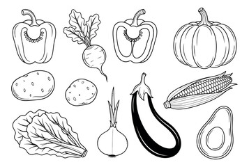 Hand drawn black and white line art vegetable set featuring various common garden produce for healthy eating and cooking