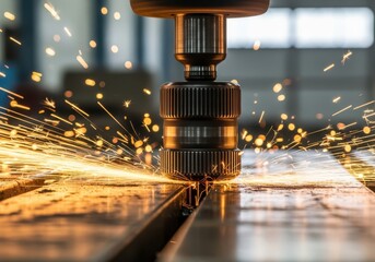 Industrial metal cutting process with sparks flying everywhere in a factory setting with machinery