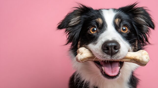 Portrait of a happy, tri-color dog, holding a bone in its mouth, against a pink backdrop