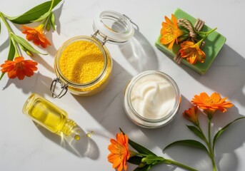 Natural skincare products with calendula flowers and green leaves on white marble surface