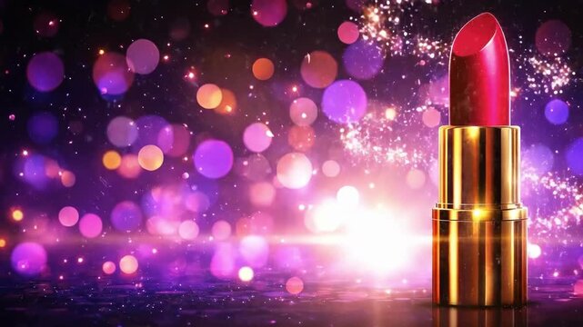 Luxurious red lipstick on glossy surface with vibrant bokeh lights. The 14th of February. Happy Valentine's Day
