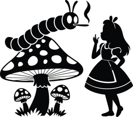 Alice in Wonderland silhouette, caterpillar mushroom illustration, fantasy story artwork, literary character design, whimsical vector composition, classic tale symbol