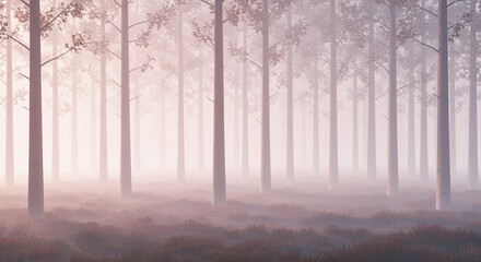 Obraz premium International Day of Forests serene misty woodland landscape with tall trees in morning fog symbolizing ecosystem preservation, biodiversity protection and nature harmony
