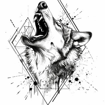 Dramatic ink drawing of a howling wolf with geometric elements