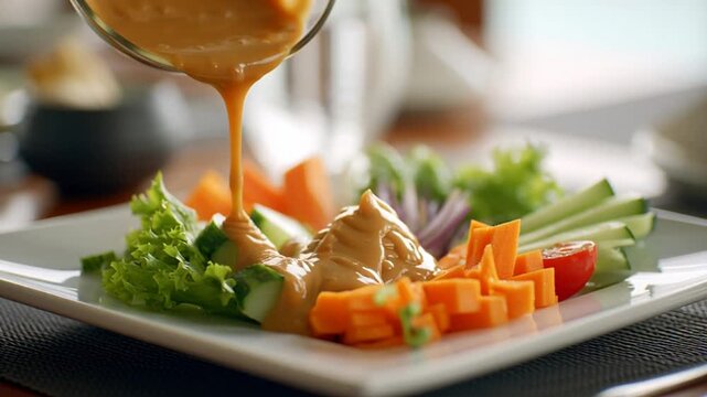 Delicious hummus being poured over a fresh vegetable plate