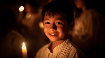 Close-up of smiling boy holding candle, illuminated face. Other people in soft focus
