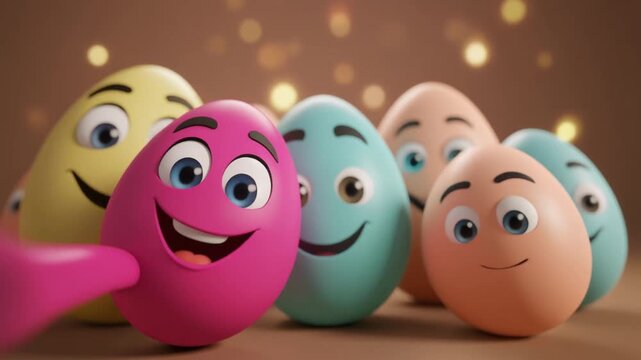Easter eggs character group taking a funny selfie. Cheerful painted eggs with smiling faces and glowing bokeh lights in background. 3D digital illustration for holiday greeting.