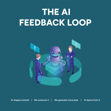 Two businessmen interacting with a purple AI creature within a feedback loop diagram, illustrating the AI feedback loop process