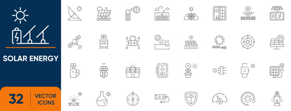 Solar Energy icon set. Containing Renewable Photovoltaic Technology, cells, innovation, battery, resource, generator and more. Editable Vector Line Icons Collection.