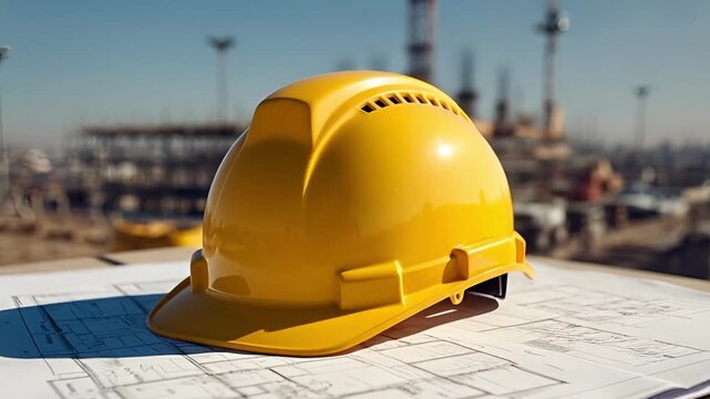 Cinematic shot of a bright yellow generic safety helmet on a blueprint with a blurred construction site in the background