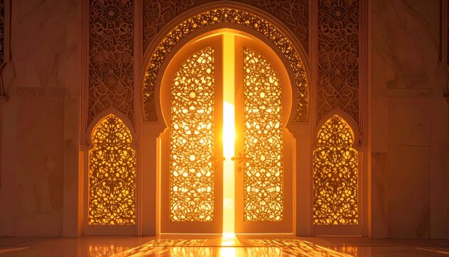 Magical Glowing Open Golden Door with Intricate Islamic Geometric Patterns Representing Holy Gateway