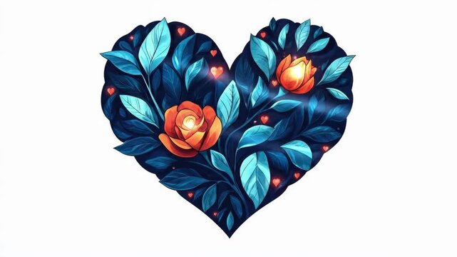 Heart-shaped floral pattern with blue leaves and orange roses. The 14th of February. Happy Valentine's Day