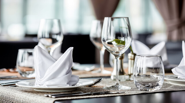 A table set with white napkins plates and glasses ready for a meal
