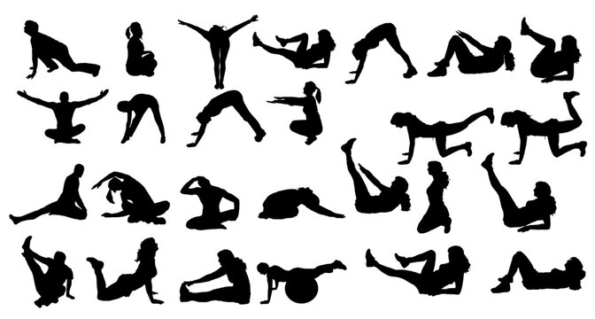 set of silhouettes of people doing yoga asana meditation