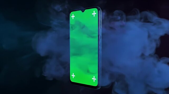 Modern smartphone screen with green chroma key for digital advertising mockup display against smoky background