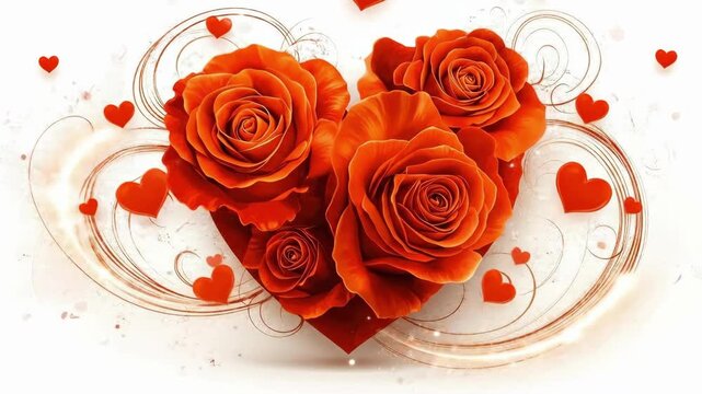Heart-shaped red rose bouquet with swirling patterns and hearts. The 14th of February. Happy Valentine's Day