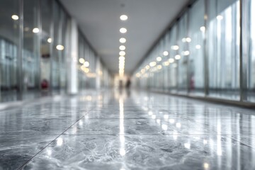 A sleek, modern hallway with polished marble floors and large glass windows, creating a bright and airy atmosphere.