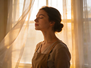 Woman with eyes closed breathing in fresh air by a sunlit window with sheer curtains
