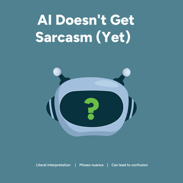 AI robot with question mark on screen, symbolizing confusion and inability to understand sarcasm. Illustration for technology and AI limitations.