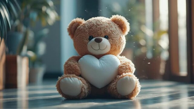 Adorable teddy bear holding heart-shaped pillow in cozy room with soft light