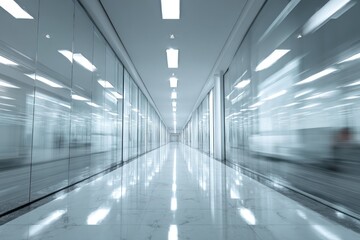 Fototapeta premium A sleek, modern corridor with mirrored walls and bright lighting, creating a sense of depth and spaciousness.
