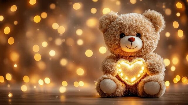 Cute teddy bear with heart-shaped light in cozy warm background