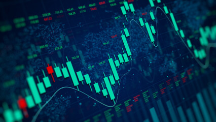 Abstract digital candlestick chart with global financial data and map background, perfect for trading, forex, crypto, and investment presentations. Financial Investment Background. 3d Rendering