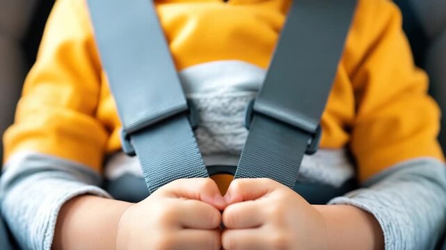 Child Yellow Shirt Securely Fastened Car Seat with Safety Belt Emphasizing Child Safety, Protection, and Comfort Vehicle Travel. Close Up of Hands Gripping Seatbelt Highlights Importance of Secure