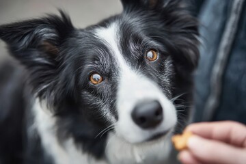Owner training a dog, holding a treat, focus on the dog's focused eyes