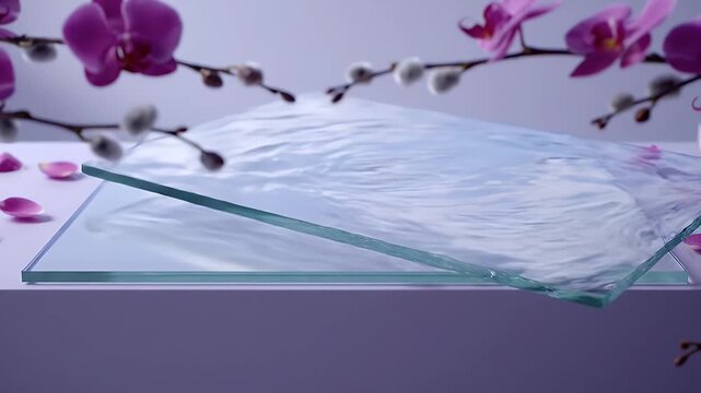 Elegant rippled clear glass plate amidst vibrant orchid blooms and soft pussy willow, creating a tranquil, fresh spa ambiance