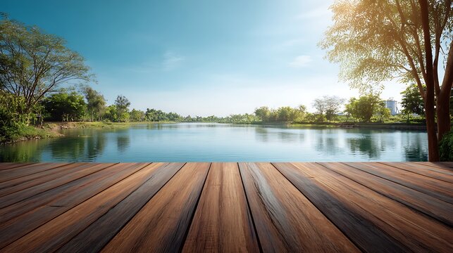 Scenic shot of a tranquil lake scene with a wooden foreground and lush trees under a bright sky
