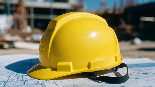 Close-up of a bright yellow generic safety helmet sitting on a technical blueprint map in a sunlit office