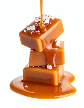 Sweet caramel cubes with salt melting, smooth sauce, and glossy surface create a delicious, tempting, gourmet treat for dessert or confectionery concepts.