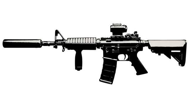 A black and white image of a modern assault rifle