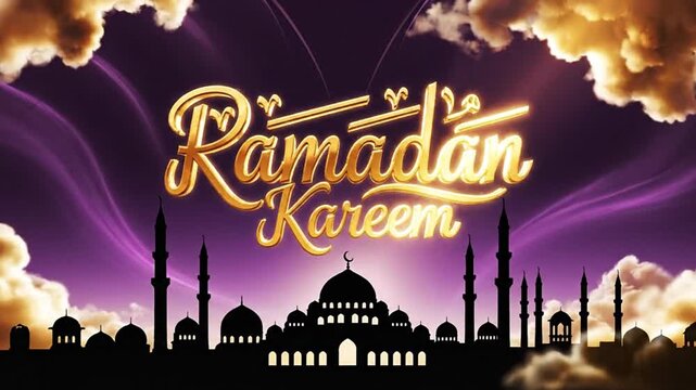 Golden Ramadan Kareem greeting message with mosque and minaret silhouette under a beautiful night sky, perfect for Islamic holy month celebrations, Eid Mubarak wishes, and Muslim cultural events.