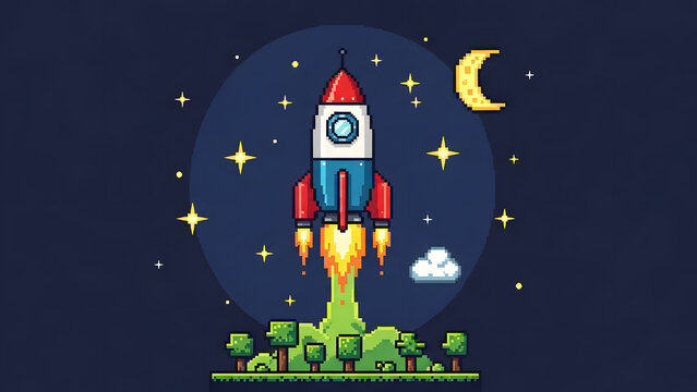 Retro Pixel Art Rocket Blasting Off into the Night Sky
