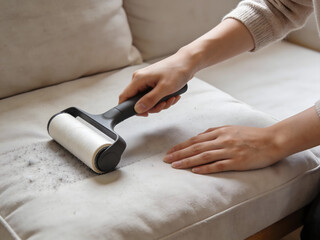 Close-up of hand using lint roller on fabric sofa cushion couch