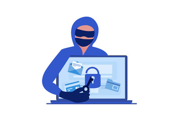 Phishing scam, hacker crime attack and personal data security concept. Hacker try to unlock the key on computer and phishing account, stealing password. cyber security vector illustration

