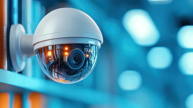 Close Up of Modern Security Camera with Glowing Lens, Mounted Wall Advanced Surveillance Technology Vibrant, Futuristic Environment with Blue and Orange Lighting, Highlighting Sleek Design