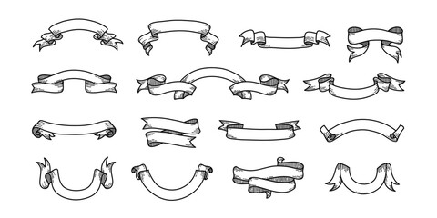 Set of hand drawn vintage scrolls ribbons banners, Drawing ribbons vintage banners, retro label and logo elements for design, vector illustration