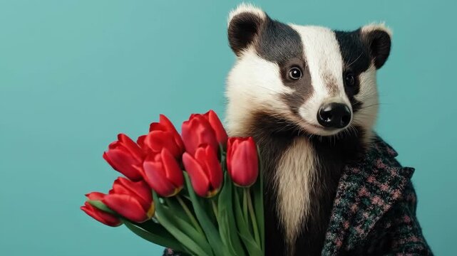 Badger in checkered coat holding red tulips against blue background. March 8, International Women's Day. Mother's Day