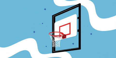 Basketball Hoop and Backboard Illustration with Red Rim, Net, Outdoor Sports Equipment Design, Minimal Athletic Background, and Professional Game Training Concept © Selim Studio