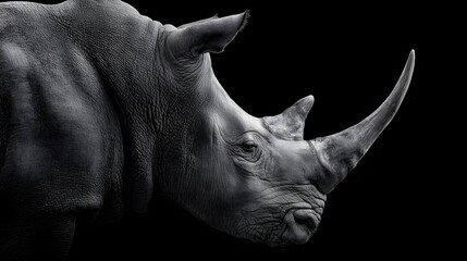 Fototapeta premium Monochromatic close-up of a majestic rhinoceros horn and head against a stark black background, highlighting its textured skin and powerful presence.