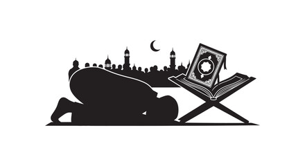 Muslim man reading Quran during Ramadan night with mosque silhouette