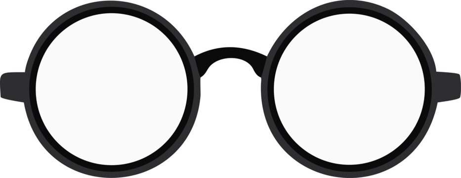 A simple illustration of black framed round eyeglasses lying flat on a