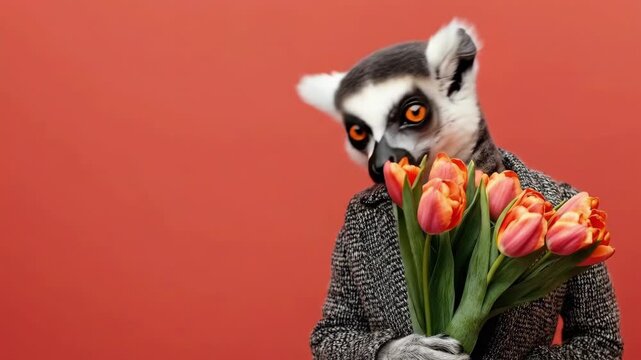 Ring-tailed lemur holding vibrant tulips against red background. March 8, International Women's Day. Mother's Day