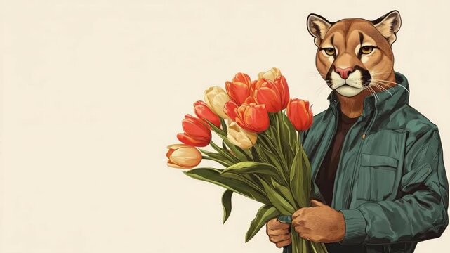 Anthropomorphic cougar holding colorful tulips in jacket illustration. March 8, International Women's Day. Mother's Day