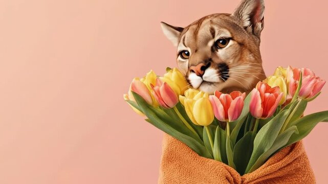 Cougar face peeking through assorted tulips with a cozy blanket on pastel background. March 8, International Women's Day. Mother's Day